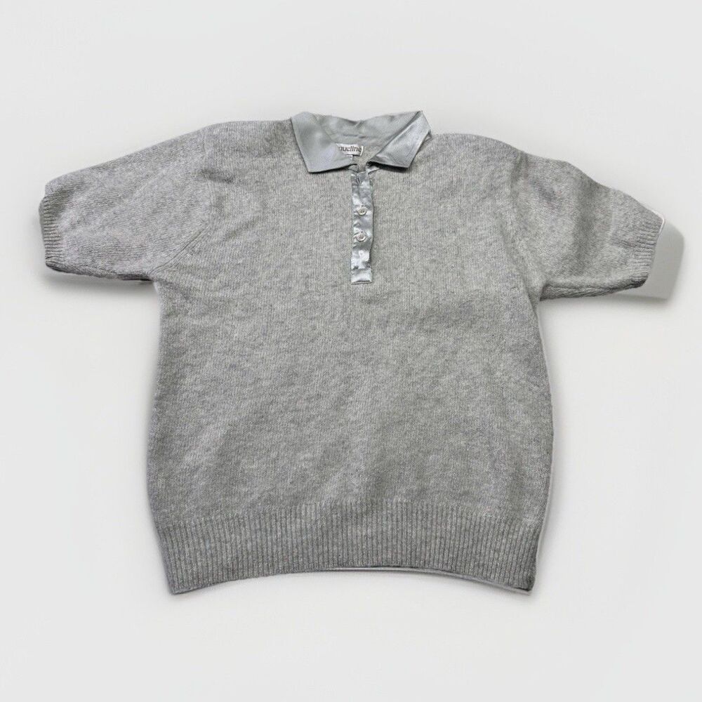 Vintage Jacqueline Lambswool Angora Knit Polo Sweater Gray Satin Collar 80s M